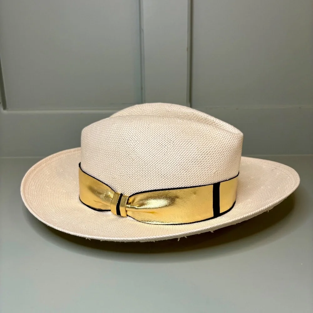 Tracy Watts Wide Brim Straw Sun Hat Sz M Metallic Gold Western Brooklyn Cowgirl‎